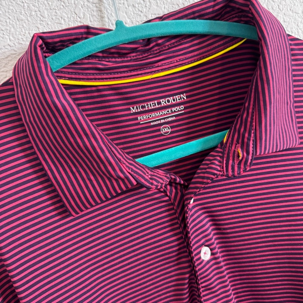 Michel Rouen Mens 3XL Performance Polo Shirt Burgundy Navy Striped Short Sleeve